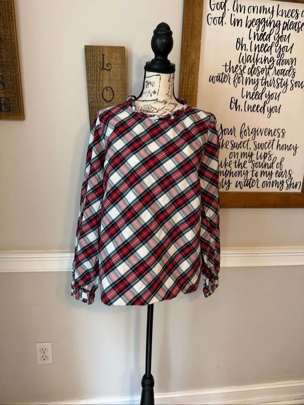 J. Crew Women's Tartan Plaid Ruffled Mock Neck Poplin Blouse Multicolor Size XL